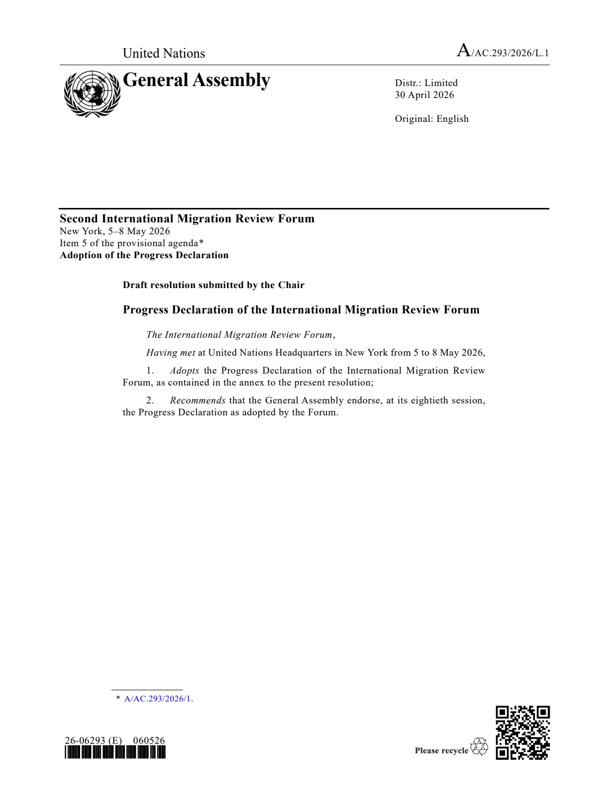 Progress Declaration of the International Migration Review Forum (IMRF)-2026